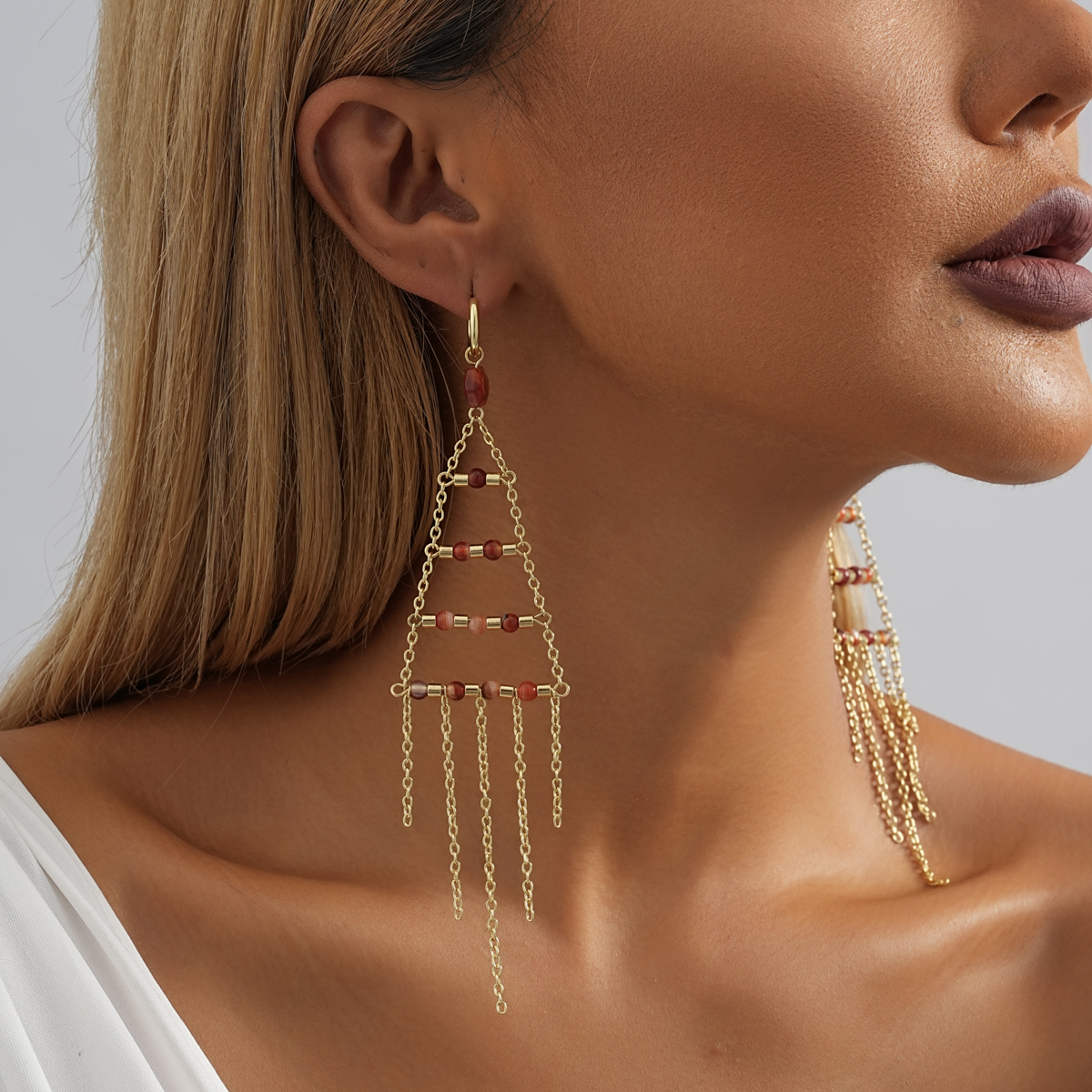 1 Pair Casual Simple Style Geometric Tassel Plating Alloy Natural Stone Gold Plated Drop Earrings display picture 5