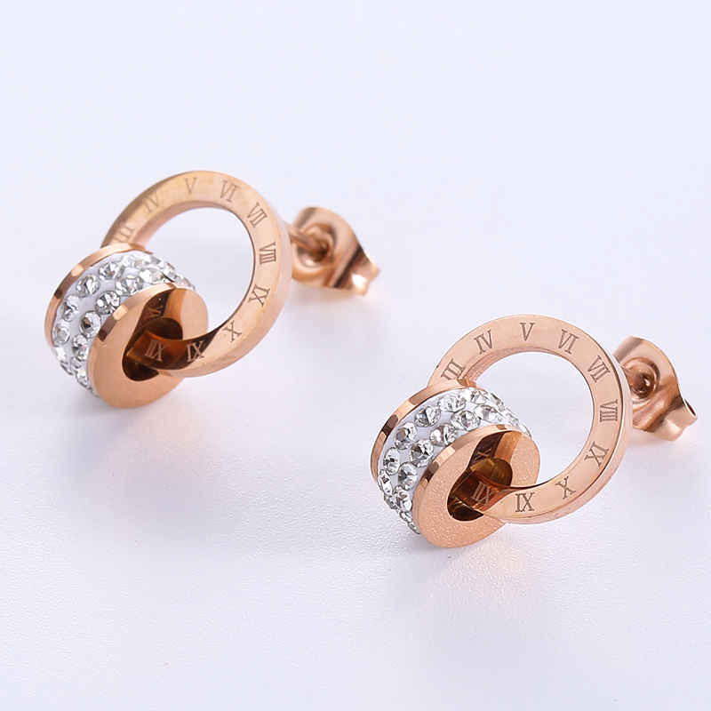 1 Pair Casual Roman Numeral Plating Inlay Stainless Steel Artificial Diamond 18k Gold Plated Rose Gold Plated Ear Studs display picture 4