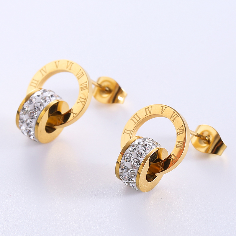 1 Pair Casual Roman Numeral Plating Inlay Stainless Steel Artificial Diamond 18k Gold Plated Rose Gold Plated Ear Studs display picture 5