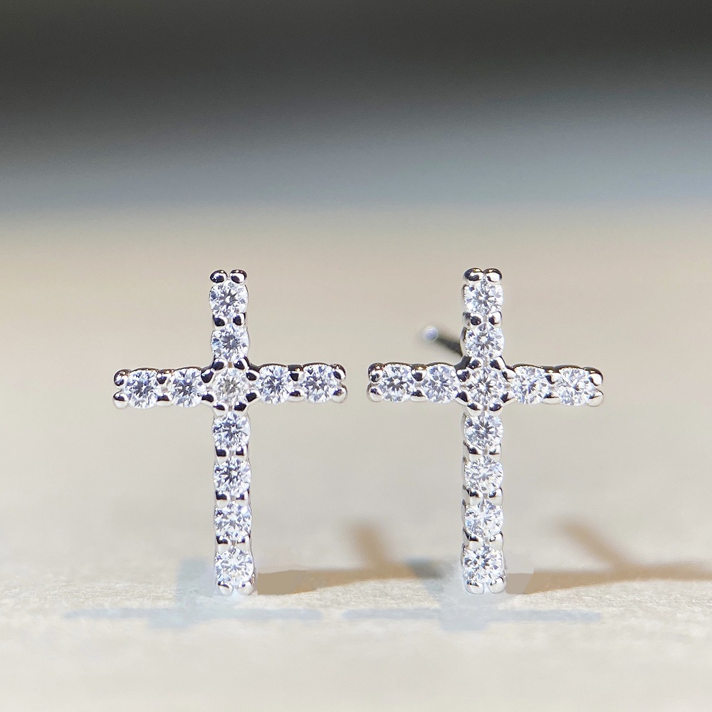 1 Pair Basic Cross Inlay Sterling Silver Moissanite Ear Studs display picture 4