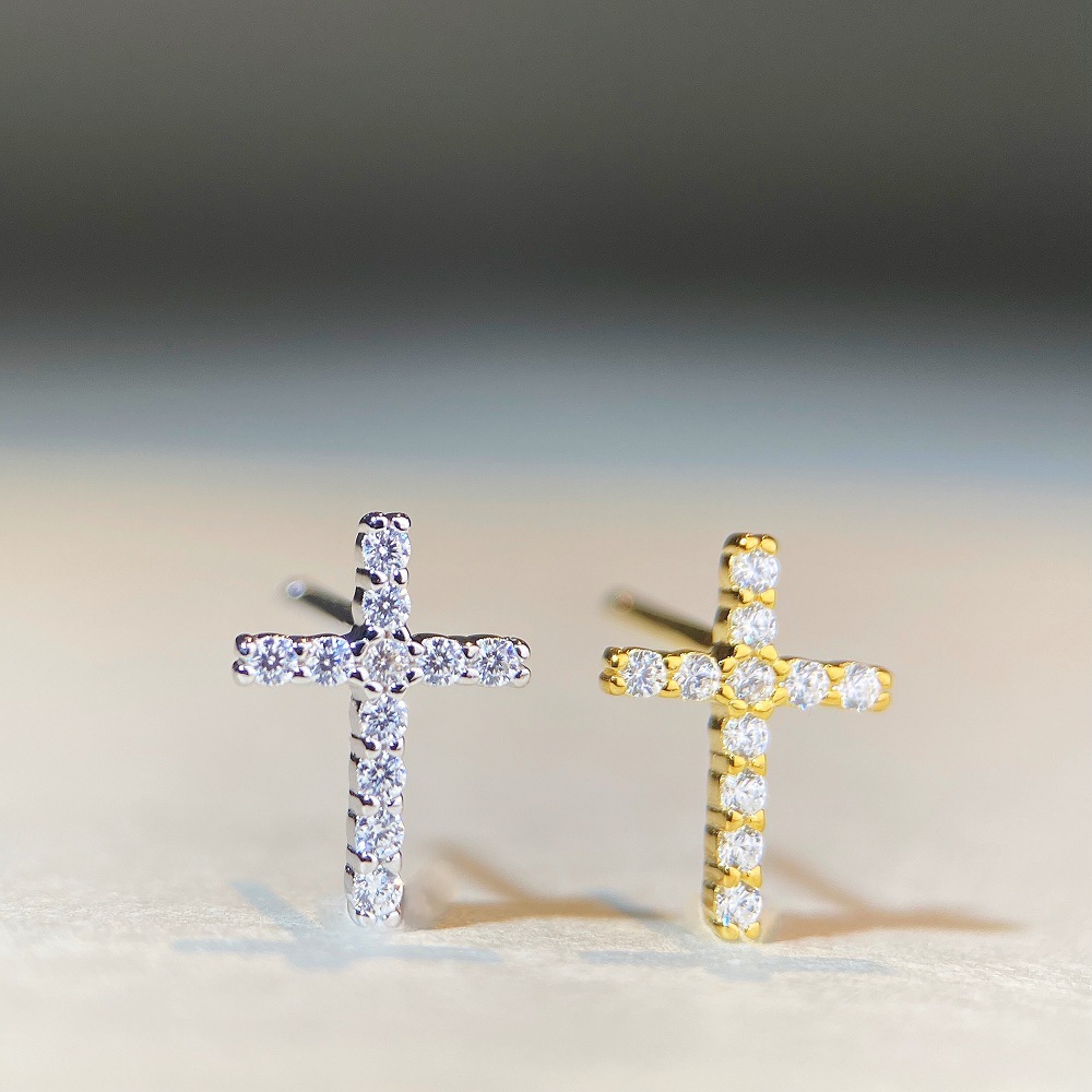 1 Pair Basic Cross Inlay Sterling Silver Moissanite Ear Studs display picture 5