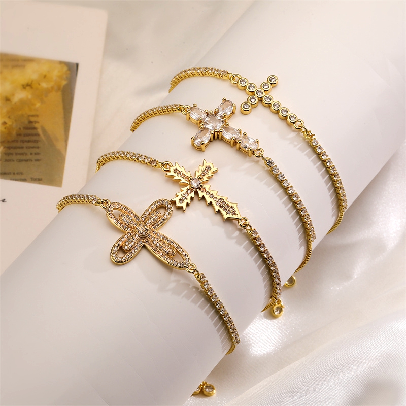 Casual Streetwear Cross Copper 18k Gold Plated Zircon Bracelets In Bulk display picture 2