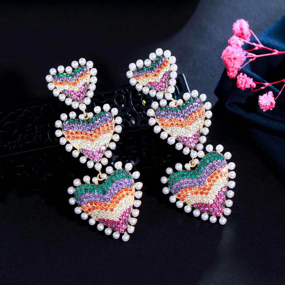 1 Pair Bohemian Color Block Heart Shape Plating Inlay Copper Artificial Gemstones Artificial Pearls Rhodium Plated Silver Plated Drop Earrings display picture 5