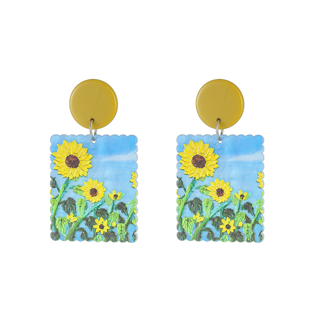 1 Pair Sweet Pastoral Sunflower Printing Arylic Drop Earrings display picture 5