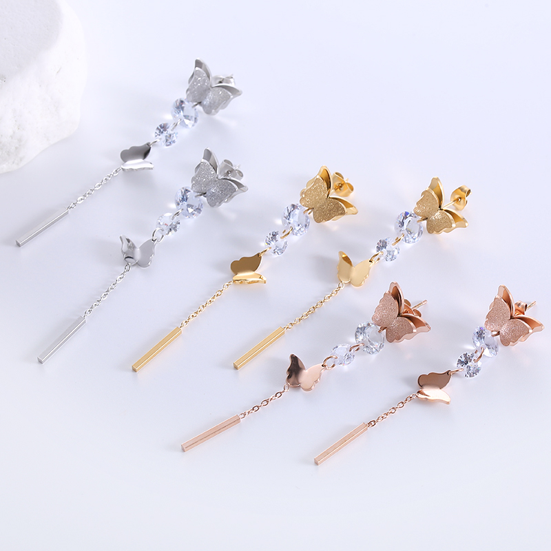 1 Pair Elegant Butterfly Plating Stainless Steel Zircon 18k Gold Plated Rose Gold Plated Drop Earrings display picture 2