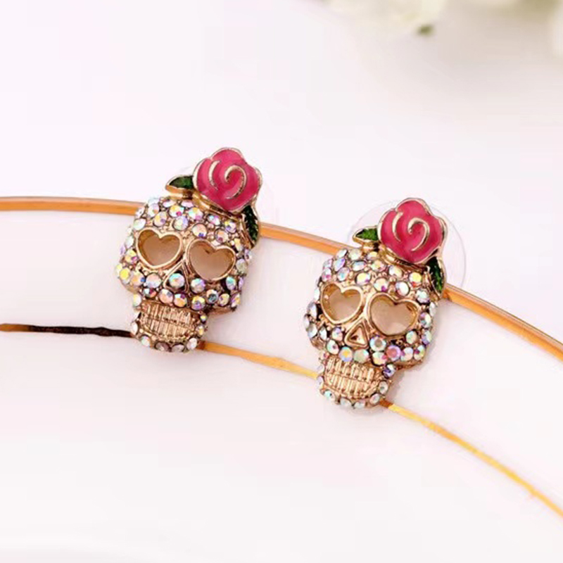 1 Pair Lady Paper Clip Water Droplets Skull Plating Inlay Alloy Rhinestones 24k Gold Plated Earrings Ear Studs display picture 5