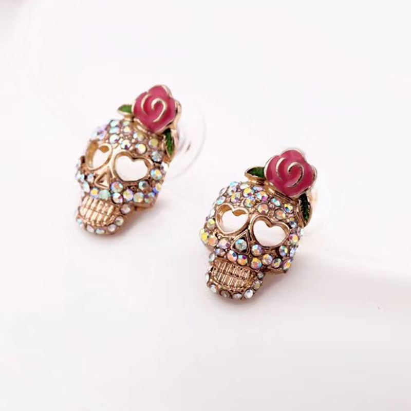 1 Pair Lady Paper Clip Water Droplets Skull Plating Inlay Alloy Rhinestones 24k Gold Plated Earrings Ear Studs display picture 6