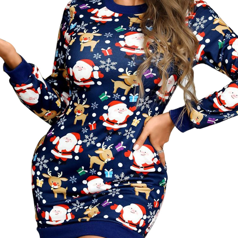 Women's T Shirt Dress Christmas Round Neck Printing Long Sleeve Santa Claus Snowflake Reindeer Above Knee Festival display picture 5