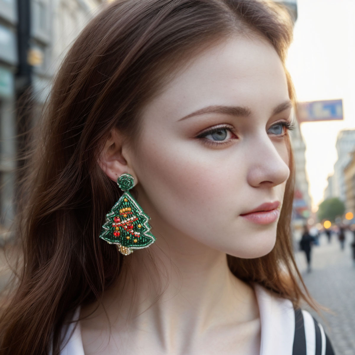 1 Pair Sweet Artistic Christmas Tree Asymmetrical Beaded Handmade Cloth Glass Drop Earrings display picture 2