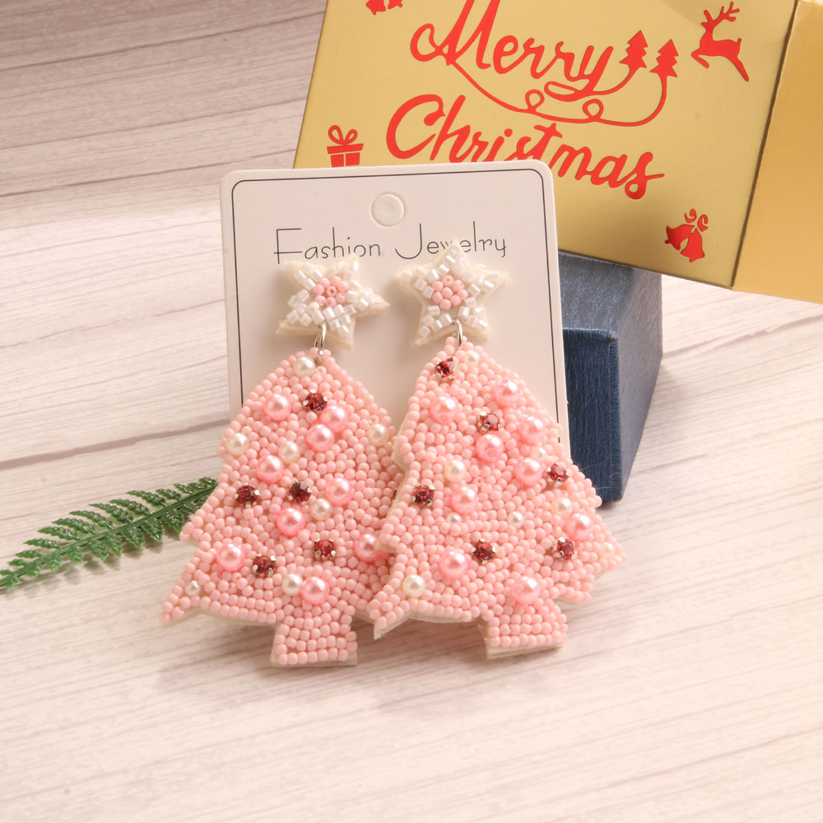 1 Pair Sweet Artistic Christmas Tree Asymmetrical Beaded Handmade Cloth Glass Drop Earrings display picture 3