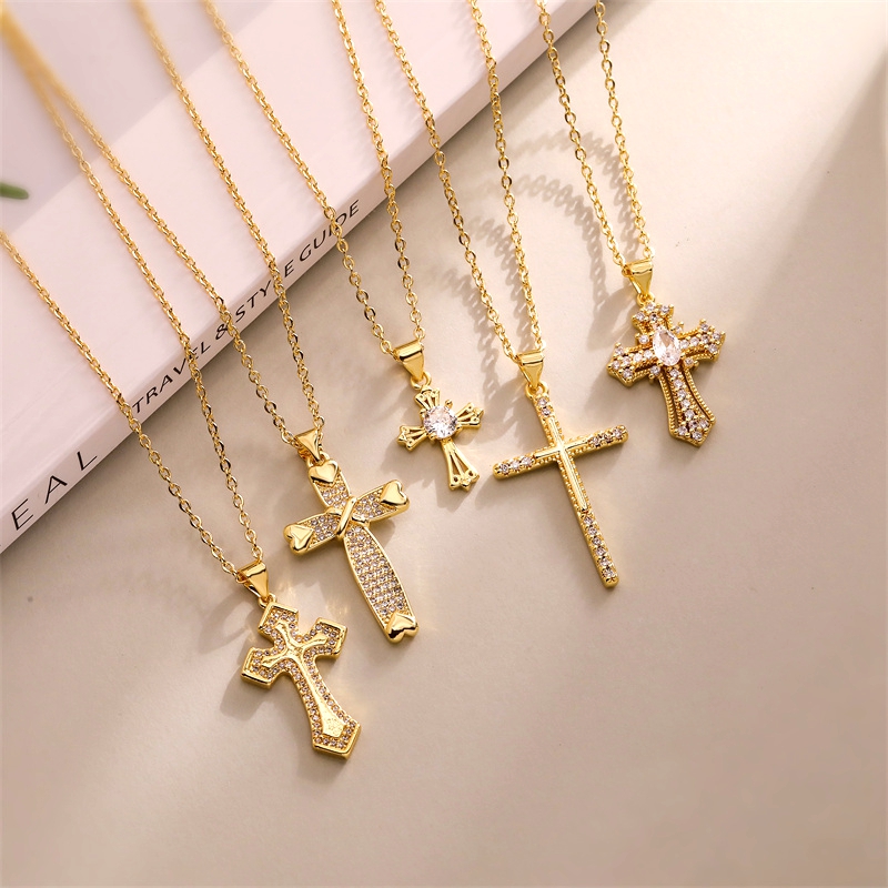 Simple Style Cross Copper Plating Inlay Zircon Gold Plated Pendant Necklace display picture 7
