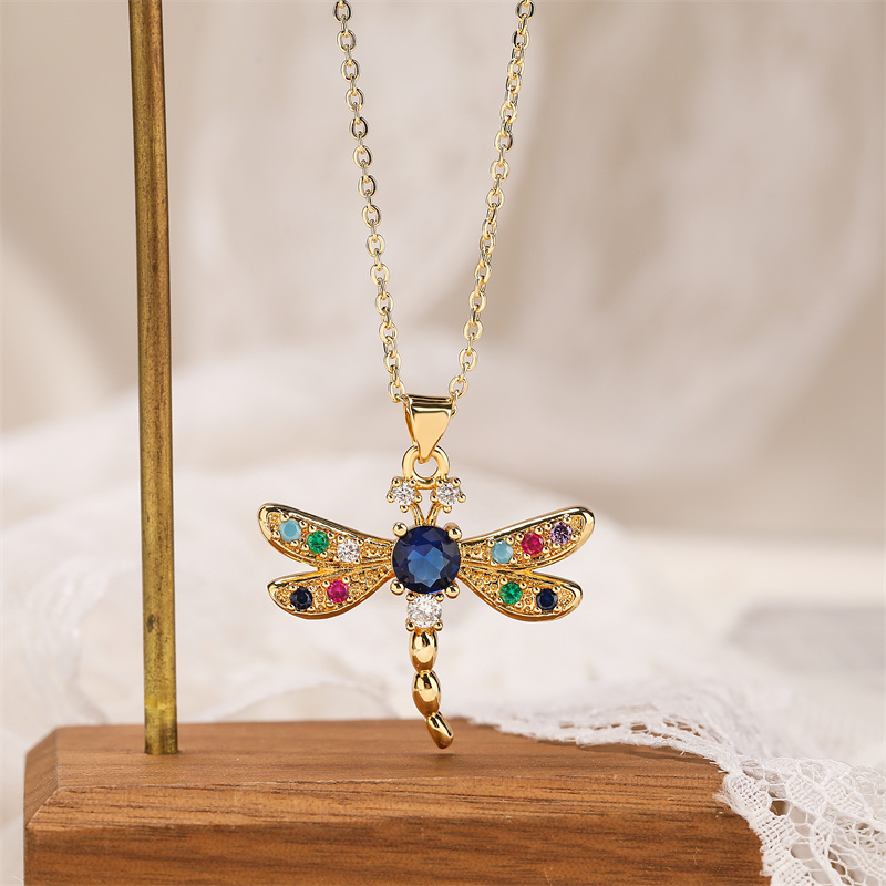 Simple Style Dragonfly Copper Plating Inlay Zircon Gold Plated Pendant Necklace display picture 3