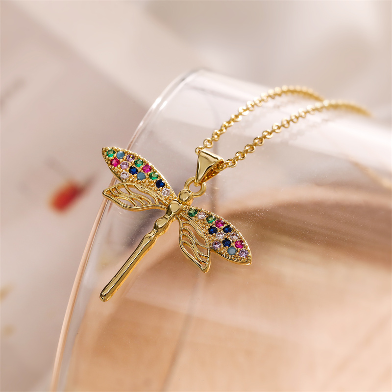 Simple Style Dragonfly Copper Plating Inlay Zircon Gold Plated Pendant Necklace display picture 5