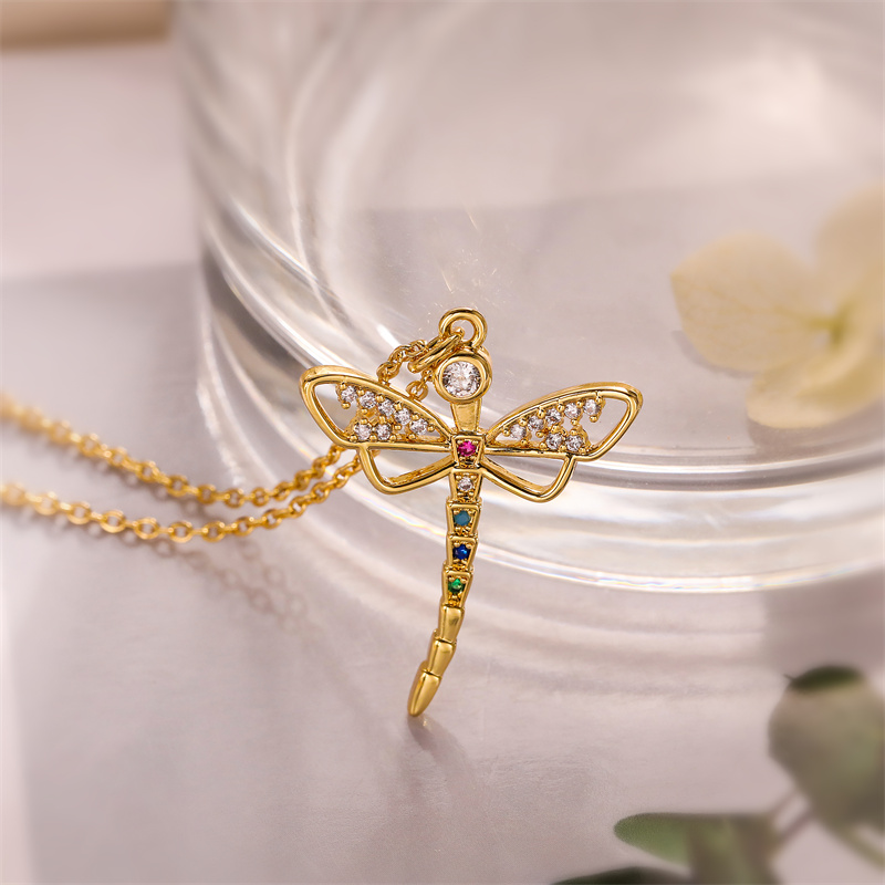 Simple Style Dragonfly Copper Plating Inlay Zircon Gold Plated Pendant Necklace display picture 8