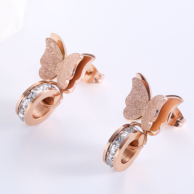 1 Pair Elegant Classic Style Butterfly Butterfly Inlay Stainless Steel Artificial Diamond 18k Gold Plated Rose Gold Plated Ear Studs display picture 3
