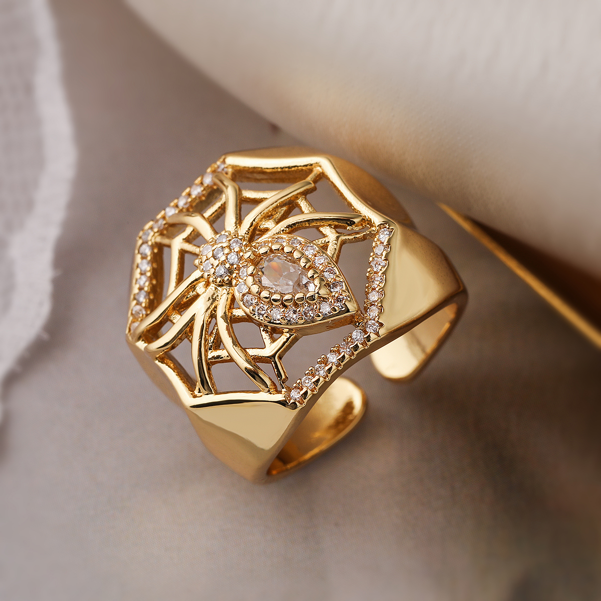 Retro Punk Spider Spider Web Copper Plating Inlay Zircon 18k Gold Plated Open Rings display picture 3