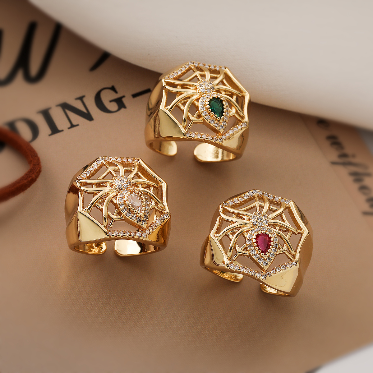 Retro Punk Spider Spider Web Copper Plating Inlay Zircon 18k Gold Plated Open Rings display picture 2