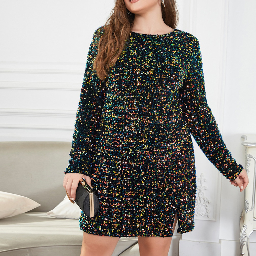 Party Dress Elegant Sexy Round Neck Sequins Long Sleeve Solid Color Above Knee Banquet Party display picture 1