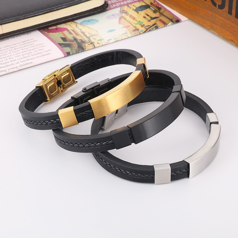 Retro Geometric Stainless Steel Cowhide Braid Men's Bangle display picture 5