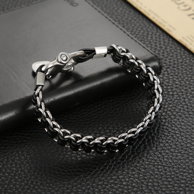Streetwear Geometric Pu Leather Titanium Steel Braid Men's Bracelets display picture 7