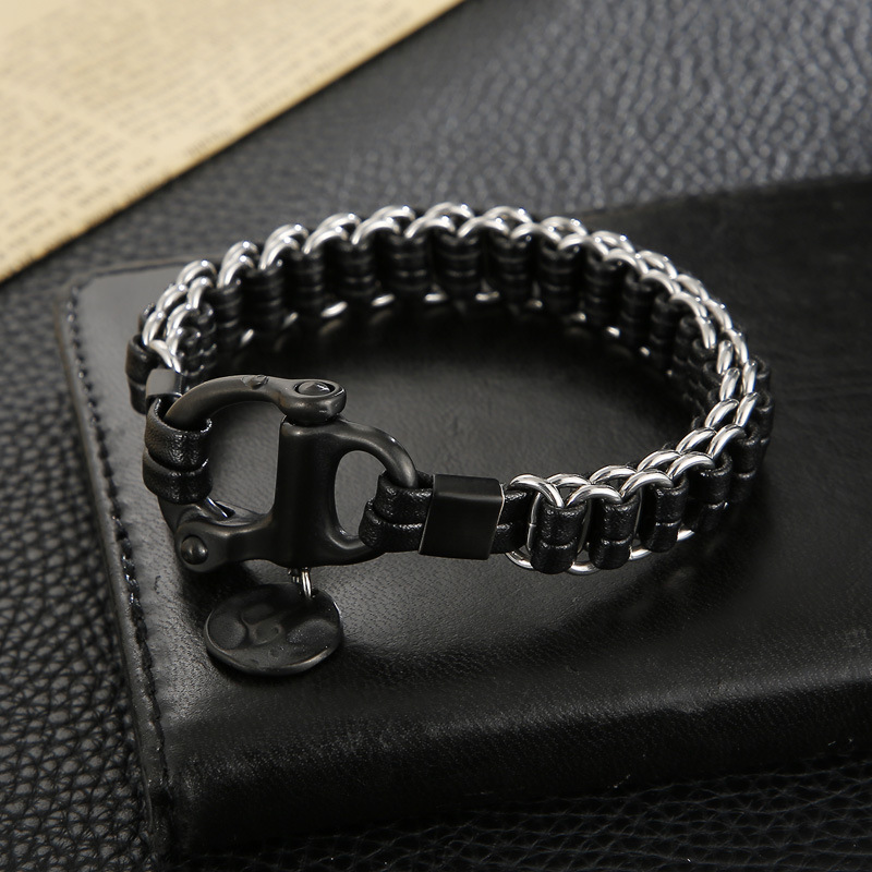 Streetwear Geometric Pu Leather Titanium Steel Braid Men's Bracelets display picture 8