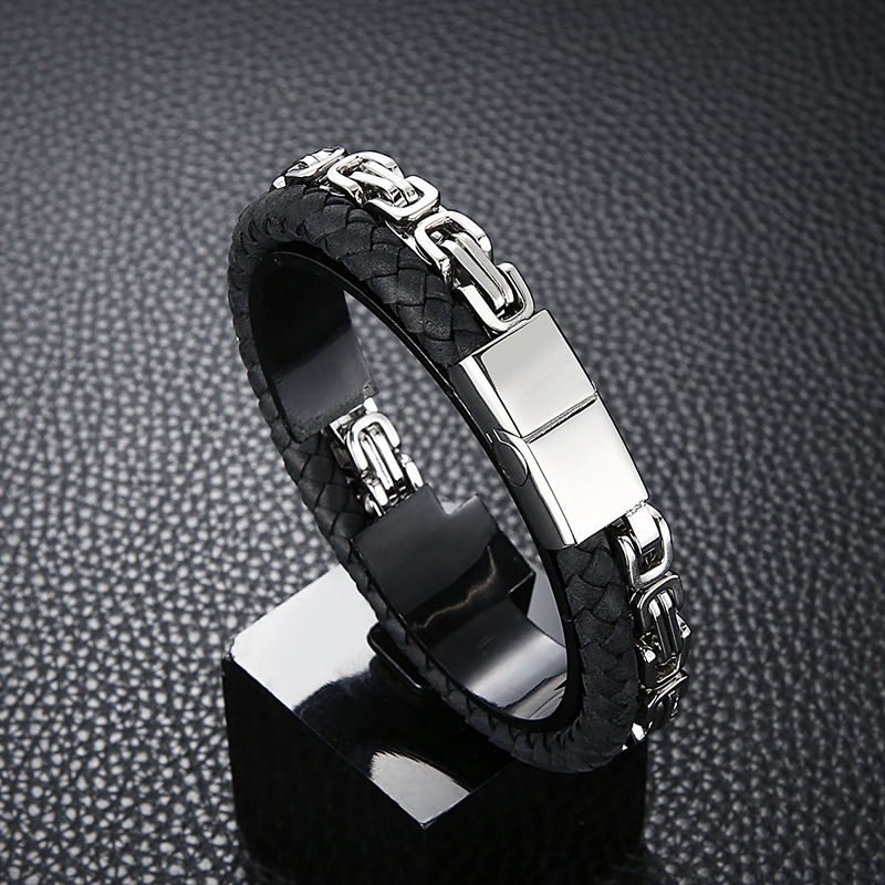 Rétro Punk Géométrique Faux Cuir Acier Au Titane Tresser Chaîne Hommes Bracelet display picture 4