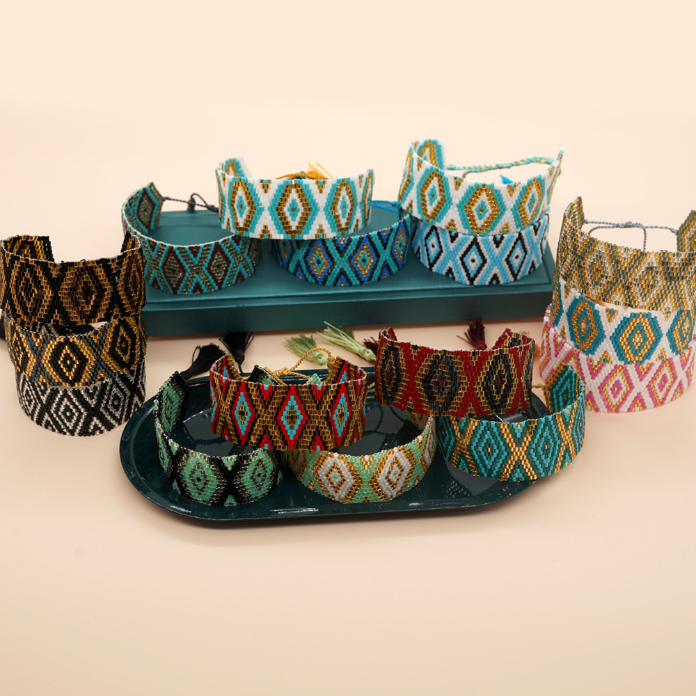 Bohemian Rhombus Seed Bead Rope Knitting Tassel Couple Drawstring Bracelets display picture 2