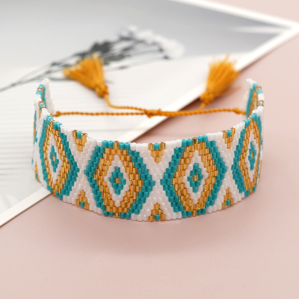 Bohemian Rhombus Seed Bead Rope Knitting Tassel Couple Drawstring Bracelets display picture 3