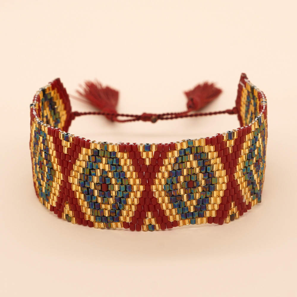 Bohemian Rhombus Seed Bead Rope Knitting Tassel Couple Drawstring Bracelets display picture 9