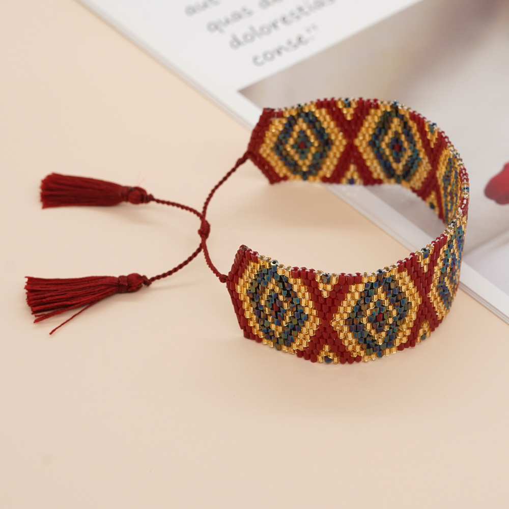 Bohemian Rhombus Seed Bead Rope Knitting Tassel Couple Drawstring Bracelets display picture 10