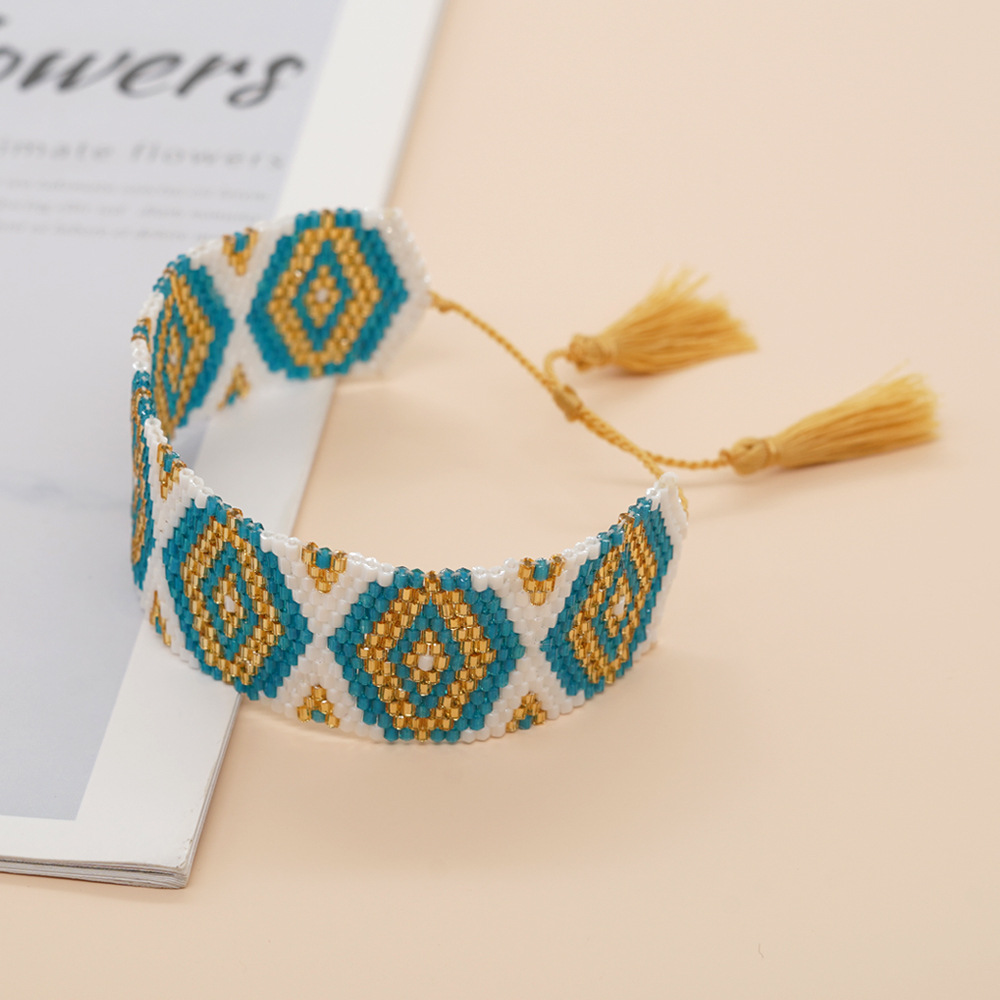 Bohemian Rhombus Seed Bead Rope Knitting Tassel Couple Drawstring Bracelets display picture 11