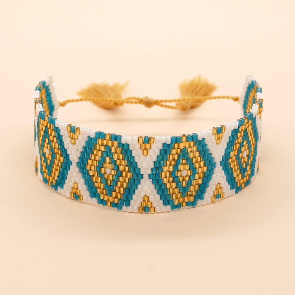 Bohemian Rhombus Seed Bead Rope Knitting Tassel Couple Drawstring Bracelets display picture 12