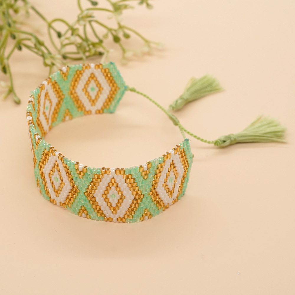 Bohemian Rhombus Seed Bead Rope Knitting Tassel Couple Drawstring Bracelets display picture 19