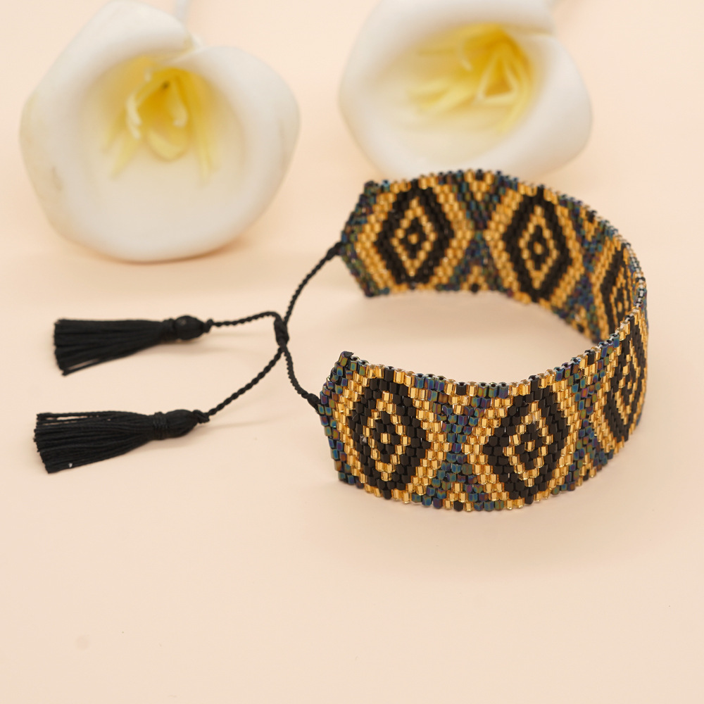 Bohemian Rhombus Seed Bead Rope Knitting Tassel Couple Drawstring Bracelets display picture 22