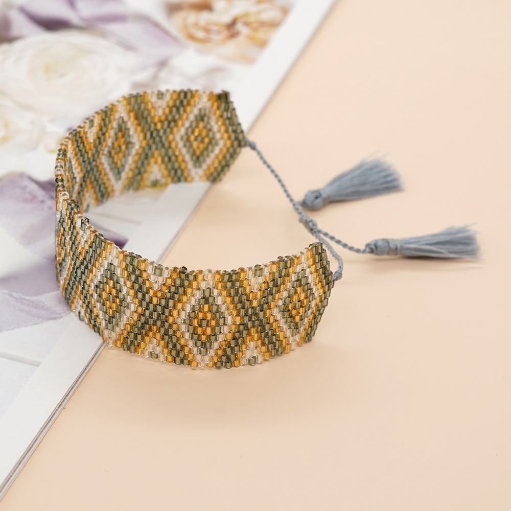Bohemian Rhombus Seed Bead Rope Knitting Tassel Couple Drawstring Bracelets display picture 24