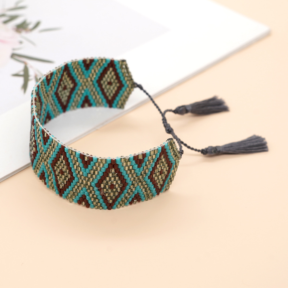 Bohemian Rhombus Seed Bead Rope Knitting Tassel Couple Drawstring Bracelets display picture 30