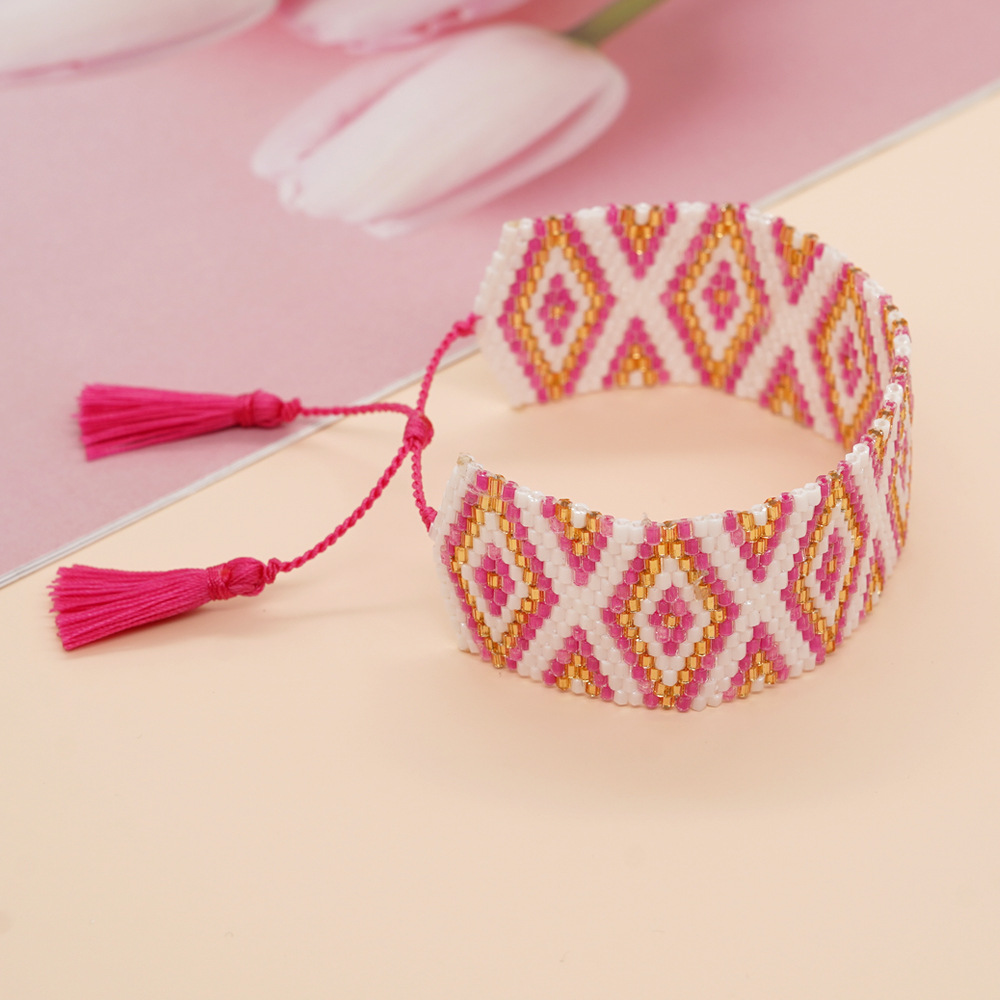 Bohemian Rhombus Seed Bead Rope Knitting Tassel Couple Drawstring Bracelets display picture 31