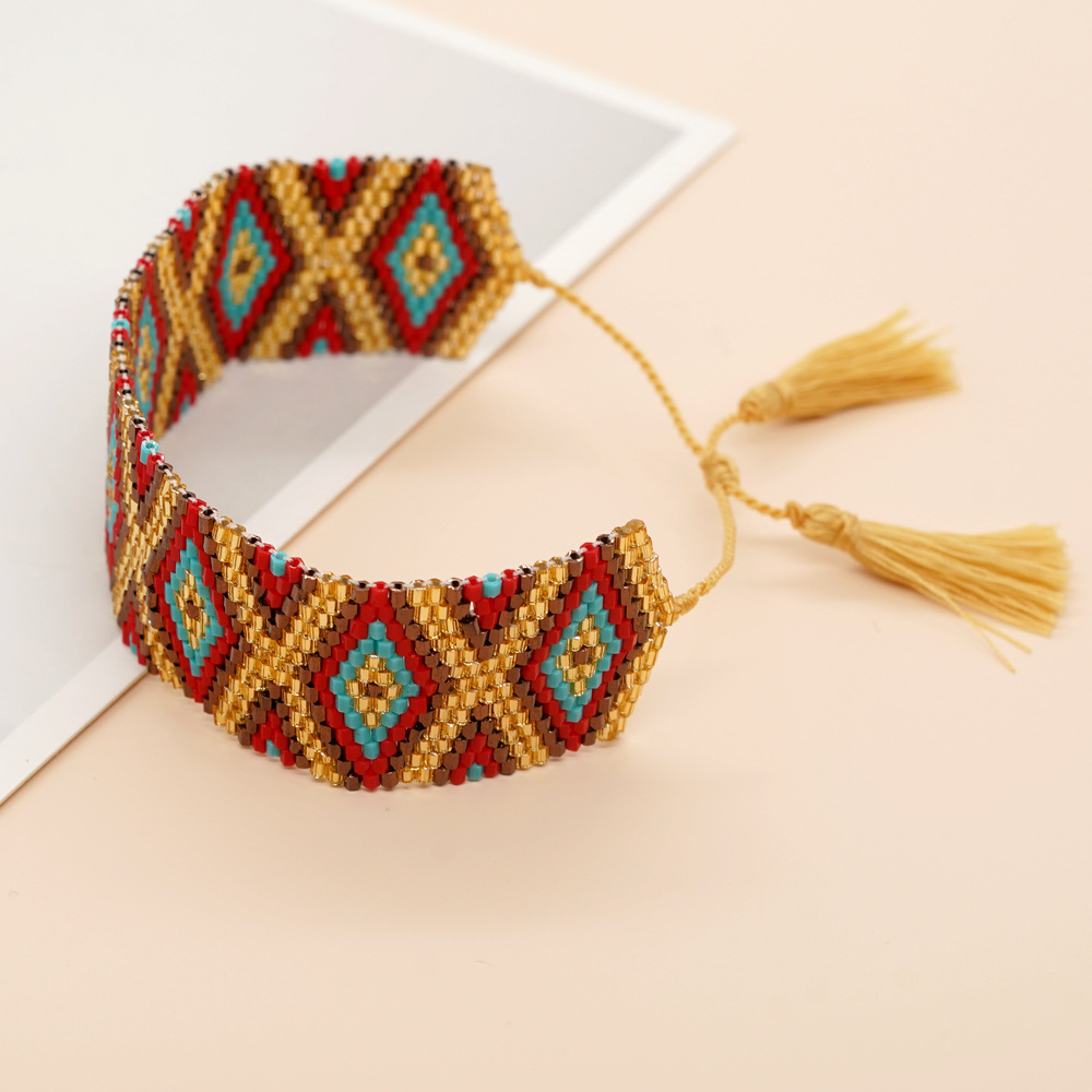Bohemian Rhombus Seed Bead Rope Knitting Tassel Couple Drawstring Bracelets display picture 34