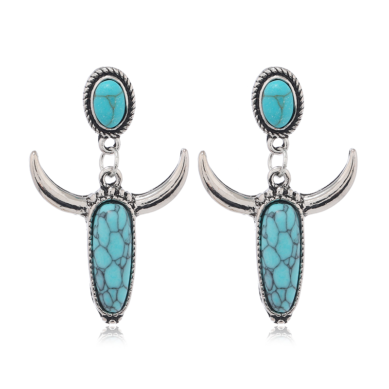 1 Pair Ethnic Style Horns Inlay Alloy Turquoise Silver Plated Drop Earrings display picture 1