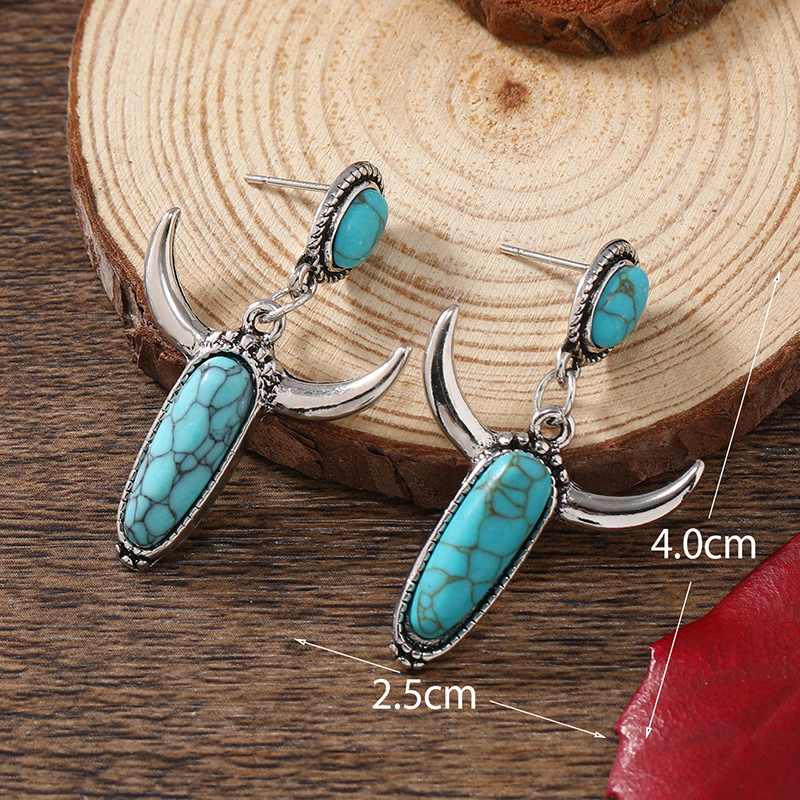1 Pair Ethnic Style Horns Inlay Alloy Turquoise Silver Plated Drop Earrings display picture 4