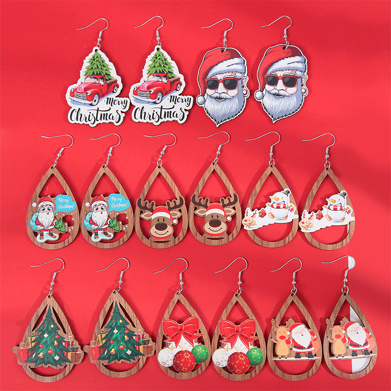 1 Paar Weihnachten Strassenmode Weihnachtsmann Schneeflocke Elch Aryl Holz Tropfenohrringe Ohrringe Ohrstecker display picture 24