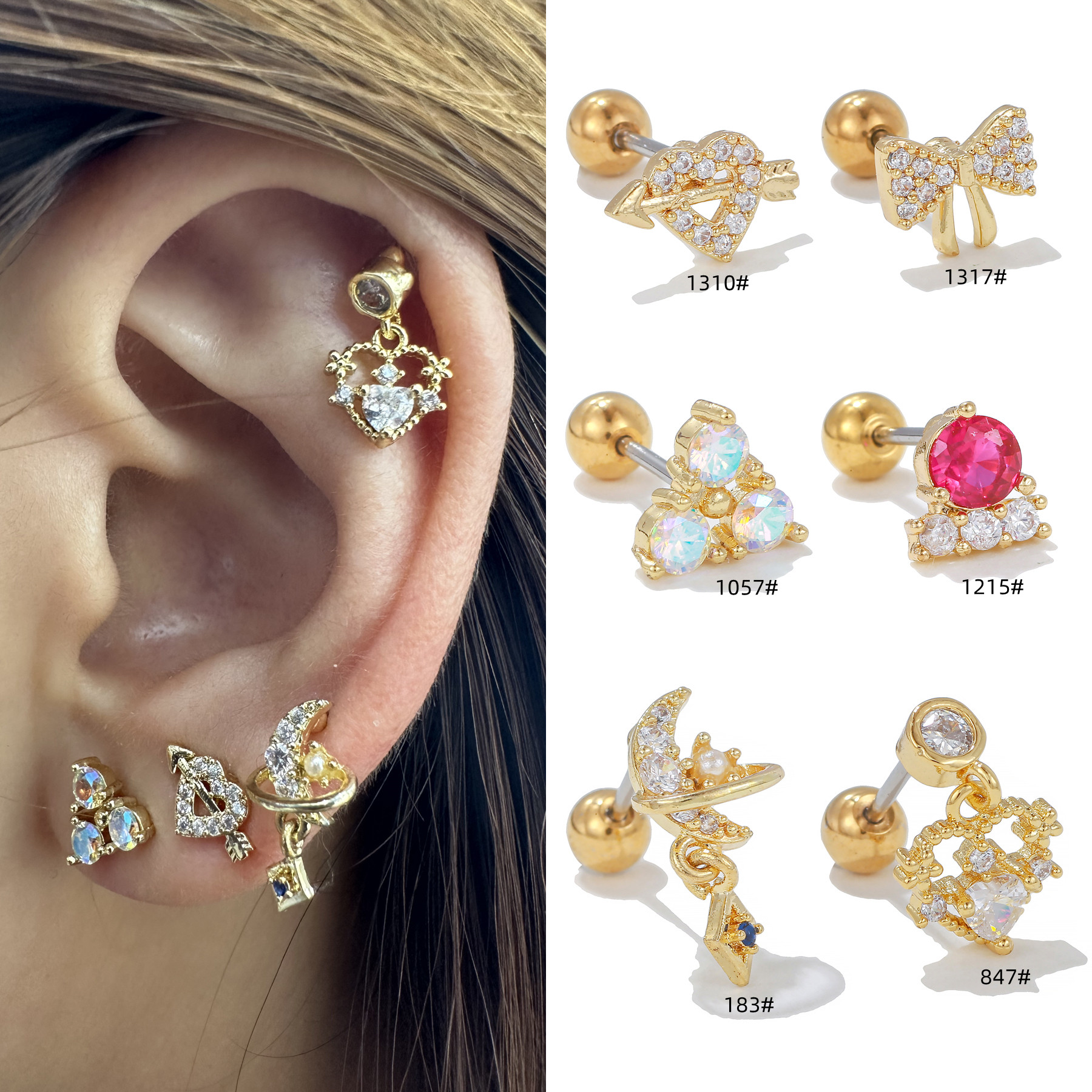 1 Piece Ig Style Simple Style Streetwear Geometric Heart Shape Plating Inlay Brass Artificial Pearls Zircon 18k Gold Plated White Gold Plated Ear Studs display picture 1