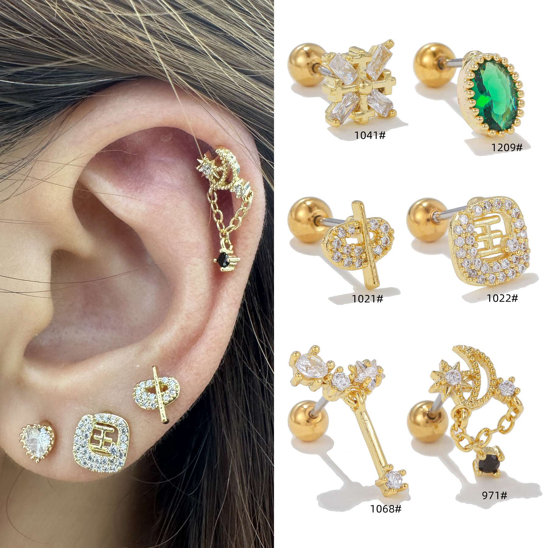 1 Pièce Style Ig Style Simple Star Lune Placage Incruster Laiton Zircon Plaqué Or 18k Or Blanc Plaqué Boucles D'oreilles display picture 1