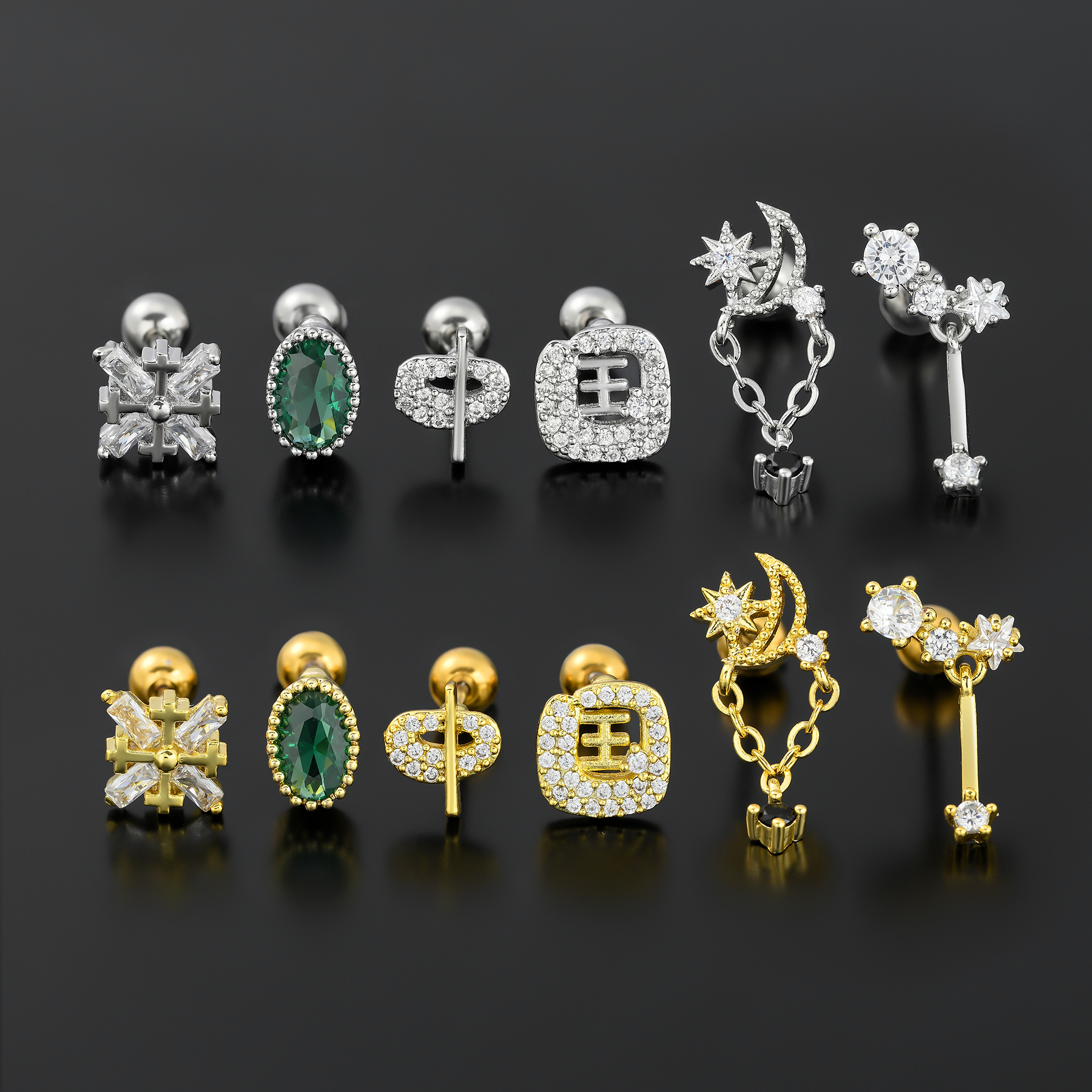 1 Piece Ig Style Simple Style Star Moon Plating Inlay Brass Zircon 18k Gold Plated White Gold Plated Ear Studs display picture 2