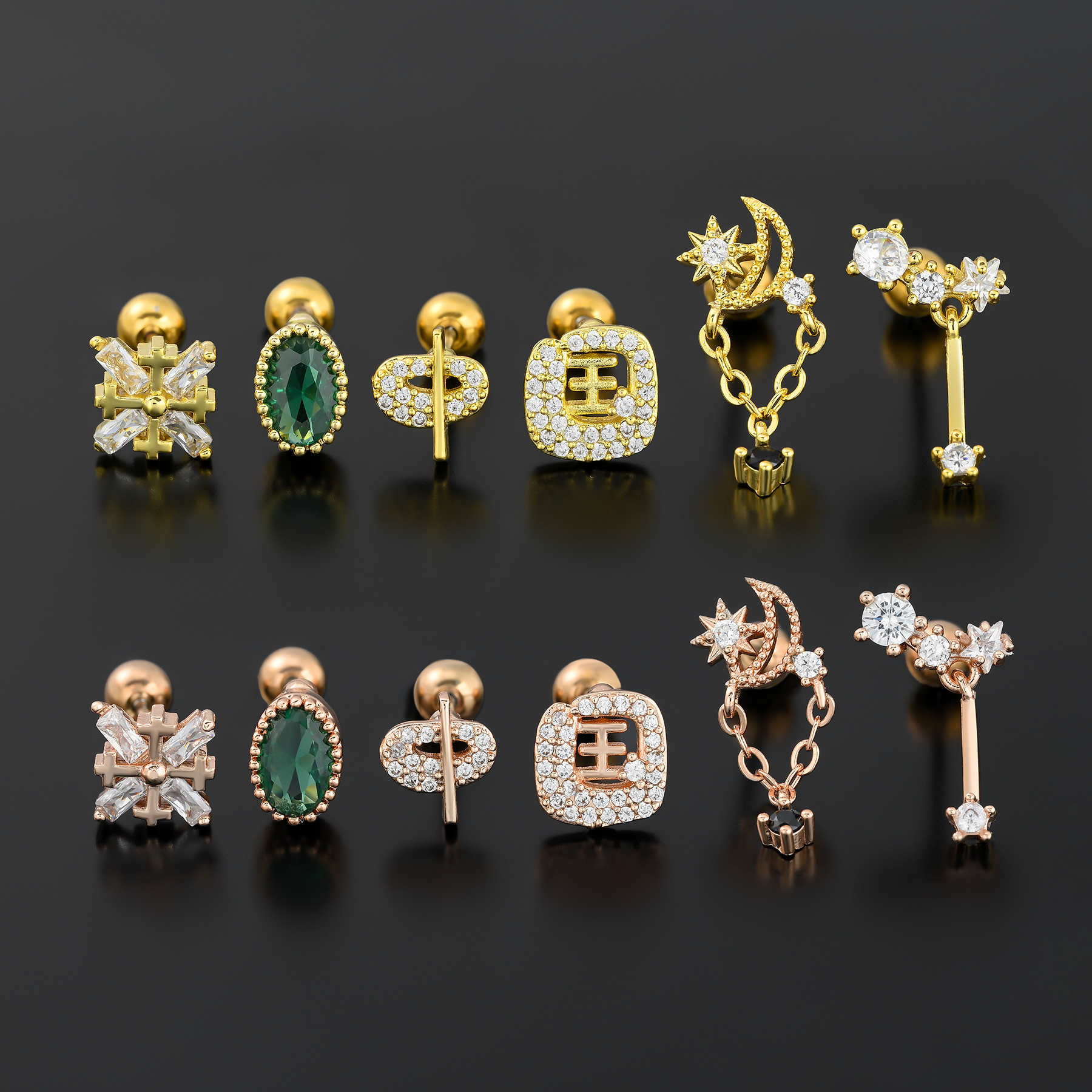 1 Piece Ig Style Simple Style Star Moon Plating Inlay Brass Zircon 18k Gold Plated White Gold Plated Ear Studs display picture 4