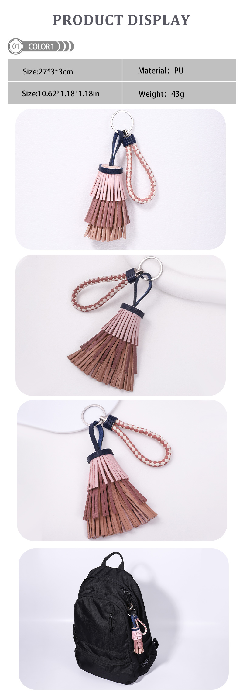 Simple Style Solid Color Pu Leather Tassel Keychain display picture 1