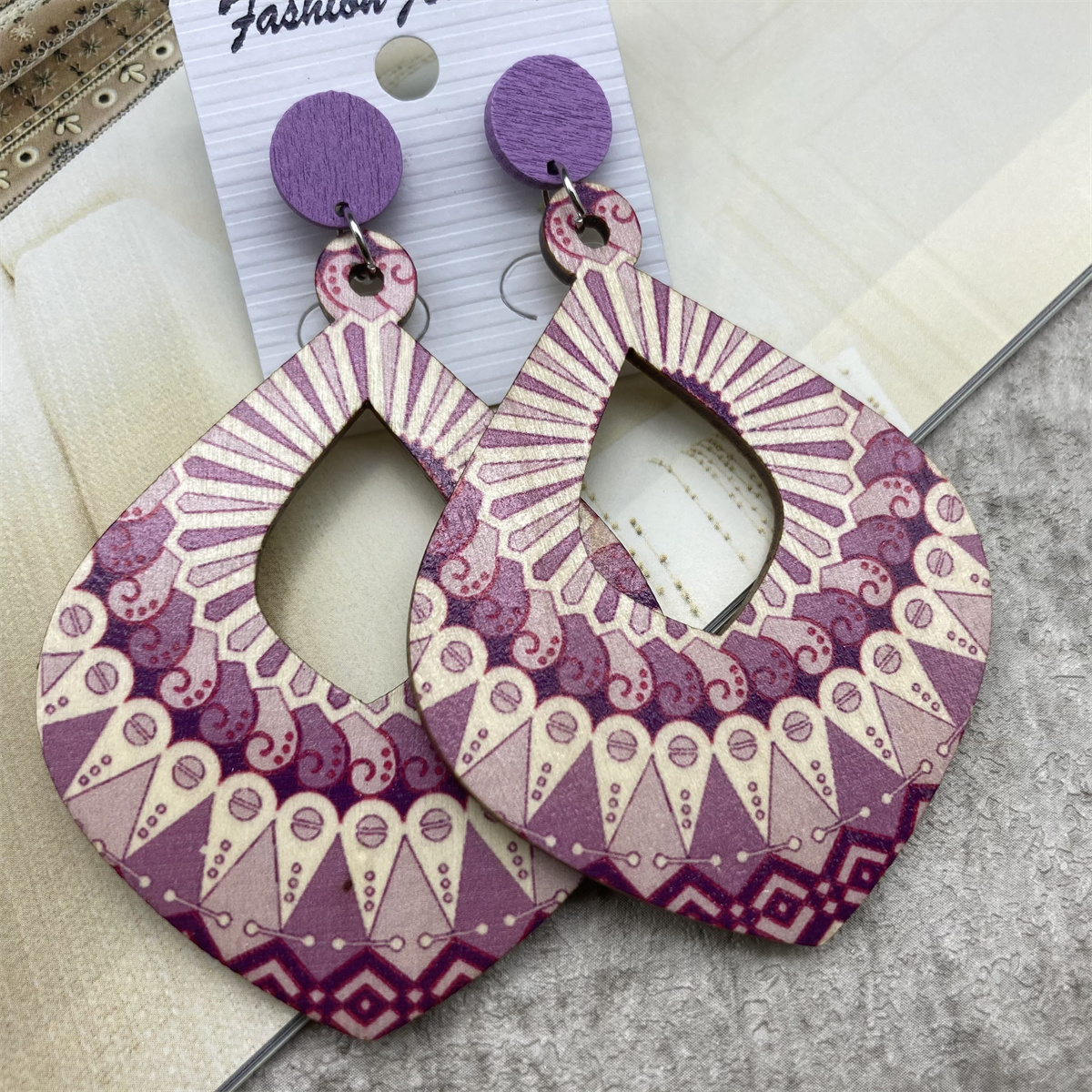 1 Pair Casual Vintage Style Polka Dots Lines Petal Lacquer Painting Stoving Varnish Wood Drop Earrings display picture 3