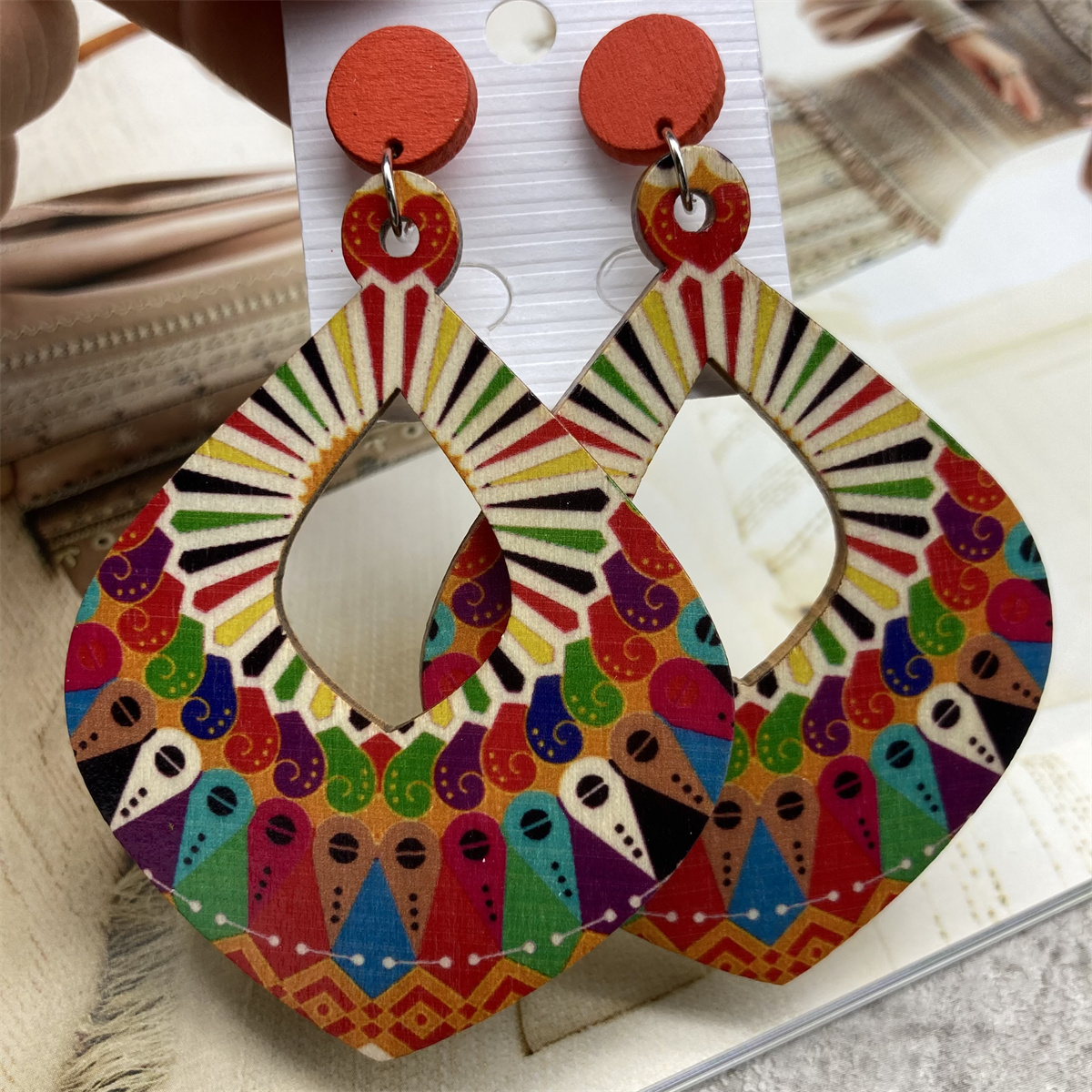 1 Pair Casual Vintage Style Polka Dots Lines Petal Lacquer Painting Stoving Varnish Wood Drop Earrings display picture 7