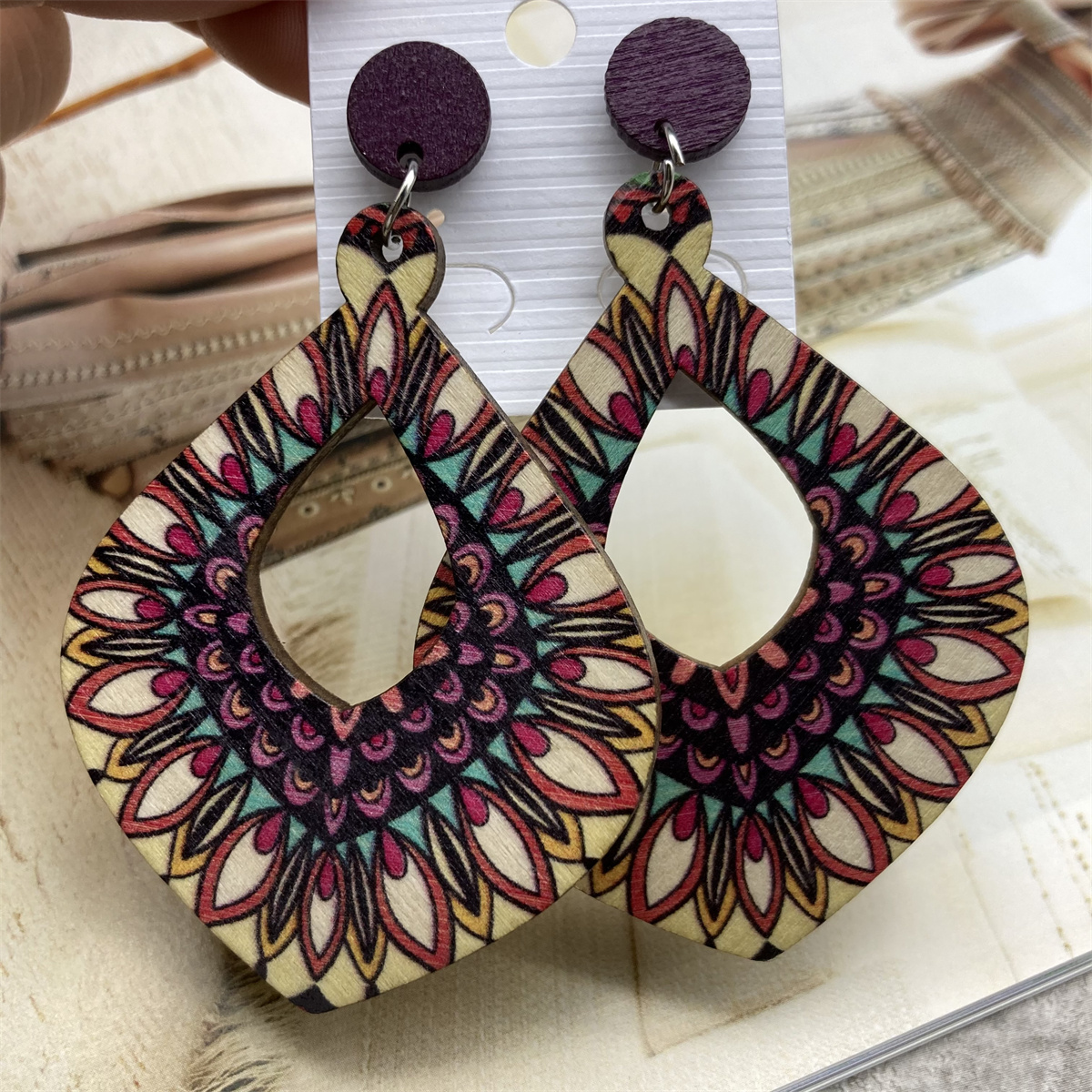 1 Pair Casual Vintage Style Polka Dots Lines Petal Lacquer Painting Stoving Varnish Wood Drop Earrings display picture 11