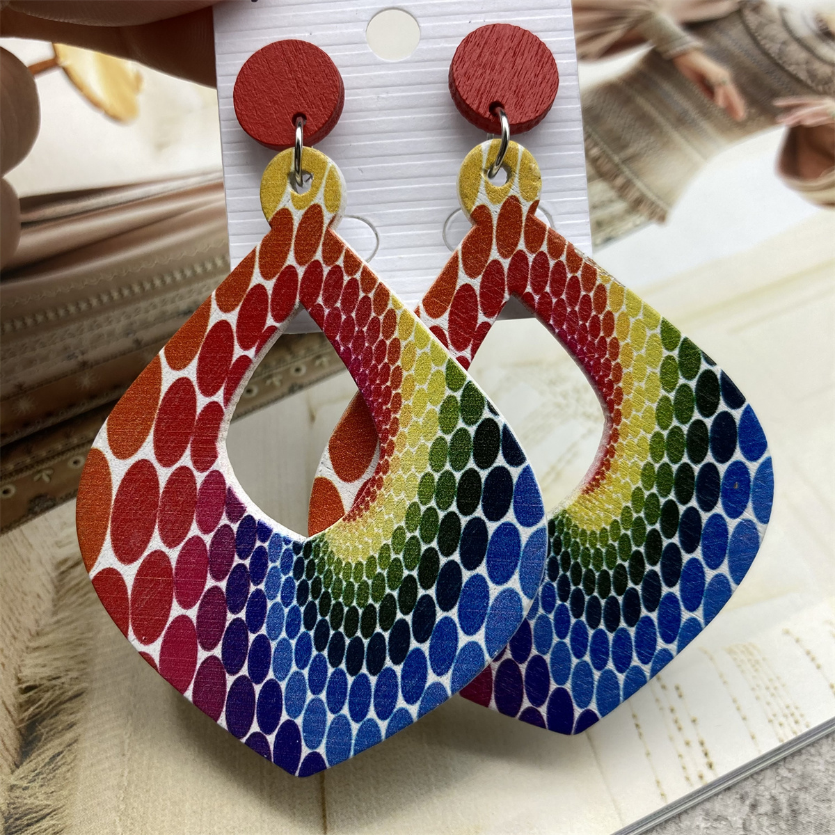 1 Pair Casual Vintage Style Polka Dots Lines Petal Lacquer Painting Stoving Varnish Wood Drop Earrings display picture 18